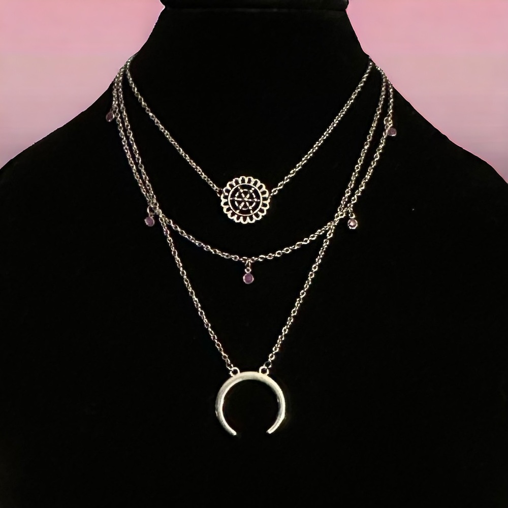 Layered multi strand sun and crescent moon necklace